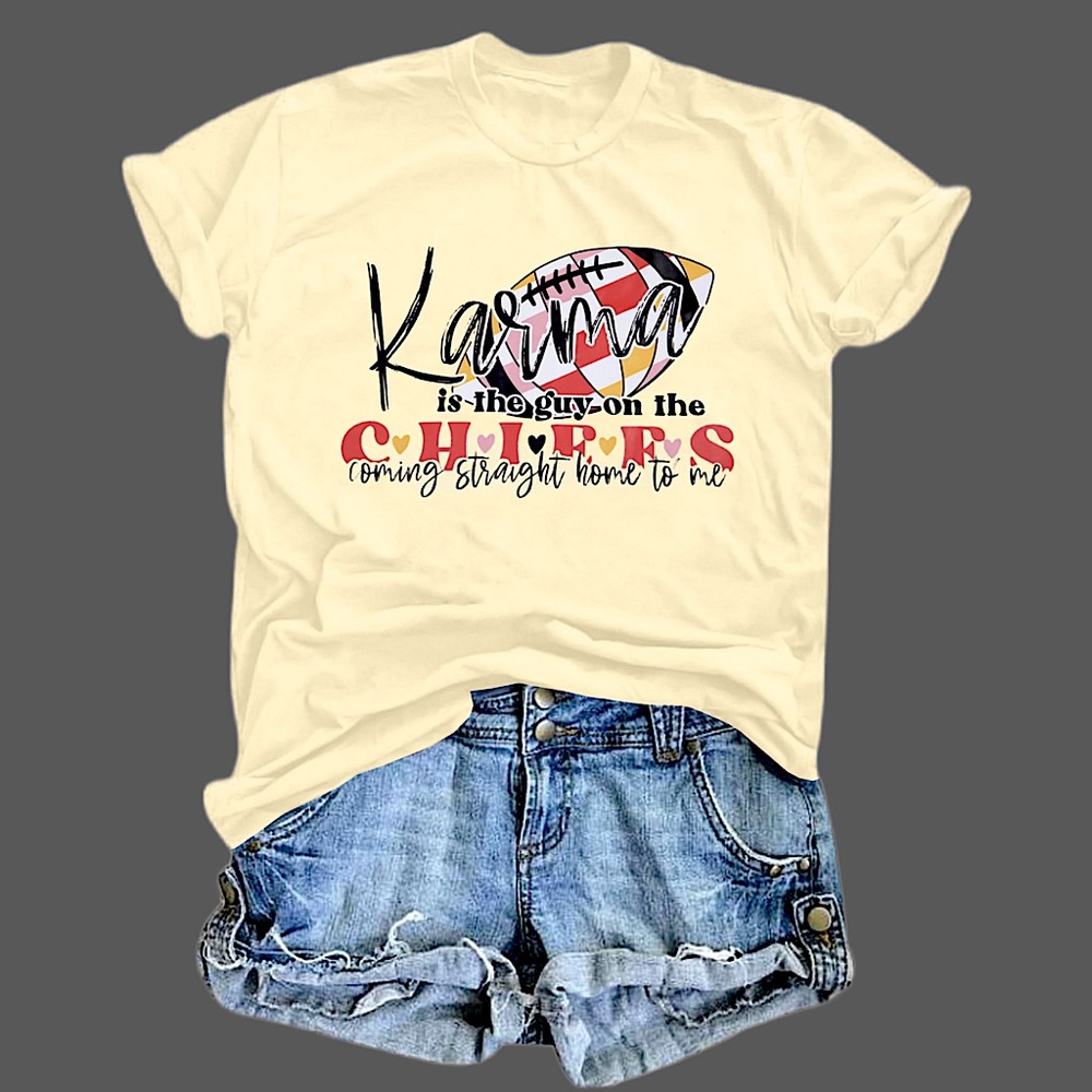 NWT “Karma Is The Guy On The Chiefs” Apricot Med‎ Tshirt